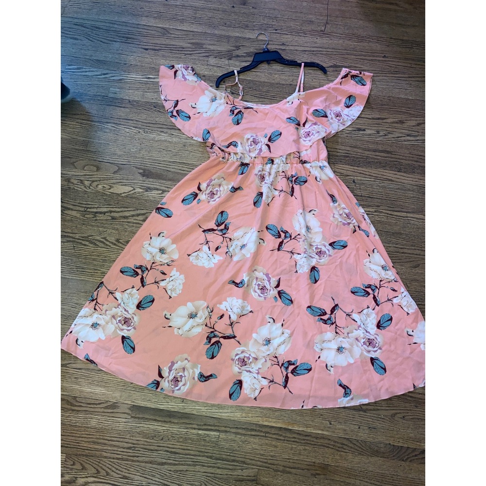 Shein Curve Pink Floral Cold Shoulder Ruffle Midi Dress Plus Size 2XL Womens